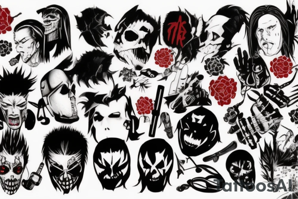on full arm, trash polka + japanese, black end red
no skulls tattoo idea