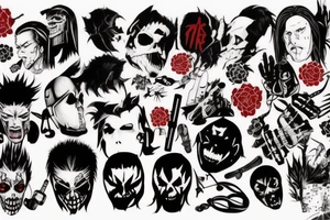 on full arm, trash polka + japanese, black end red
no skulls tattoo idea