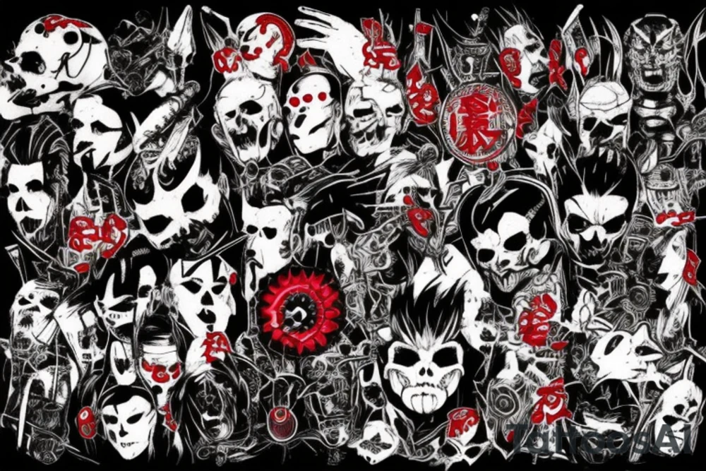 on full arm, trash polka + japanese, black end red
no skulls tattoo idea