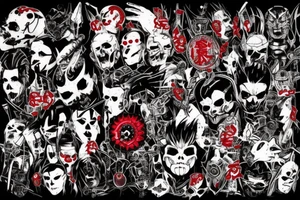 on full arm, trash polka + japanese, black end red
no skulls tattoo idea