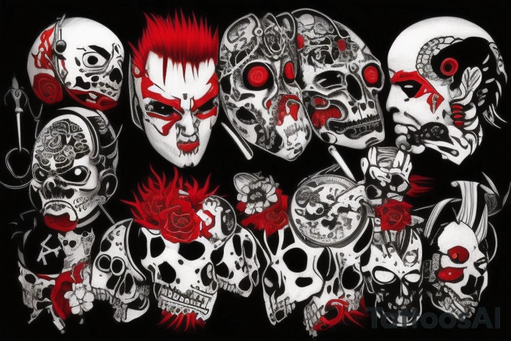 on full arm, trash polka + japanese, black end red
no skulls tattoo idea
