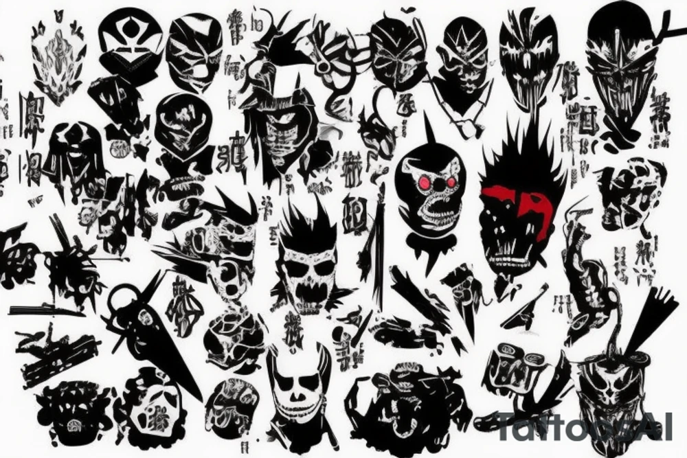 on arm, trash polka + japanese, black end red
no skulls tattoo idea