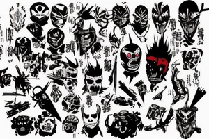 on arm, trash polka + japanese, black end red
no skulls tattoo idea