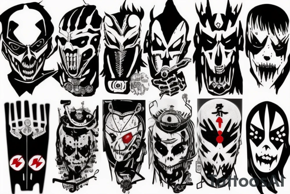 on arm, trash polka + japanese, black end red
no skulls tattoo idea