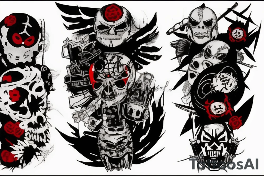 on arm, trash polka + japanese, black end red
no skulls tattoo idea