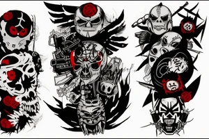 on arm, trash polka + japanese, black end red
no skulls tattoo idea