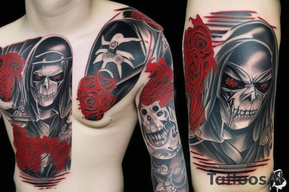 on arm, trash polka + japanese, black end red
no skulls tattoo idea