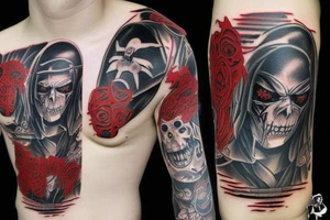 on arm, trash polka + japanese, black end red
no skulls tattoo idea