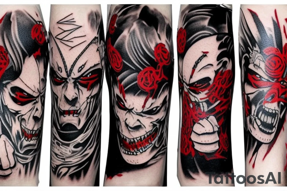 on arm, trash polka + japanese, black end red
no skulls tattoo idea