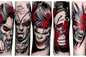 on arm, trash polka + japanese, black end red
no skulls tattoo idea
