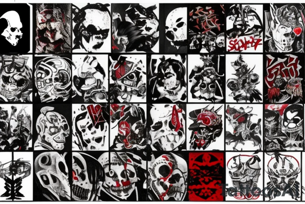 on arm, trash polka + japanese, black end red
no skulls tattoo idea