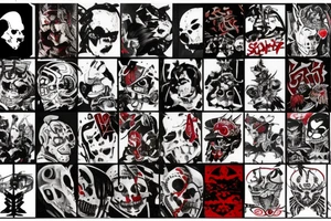 on arm, trash polka + japanese, black end red
no skulls tattoo idea