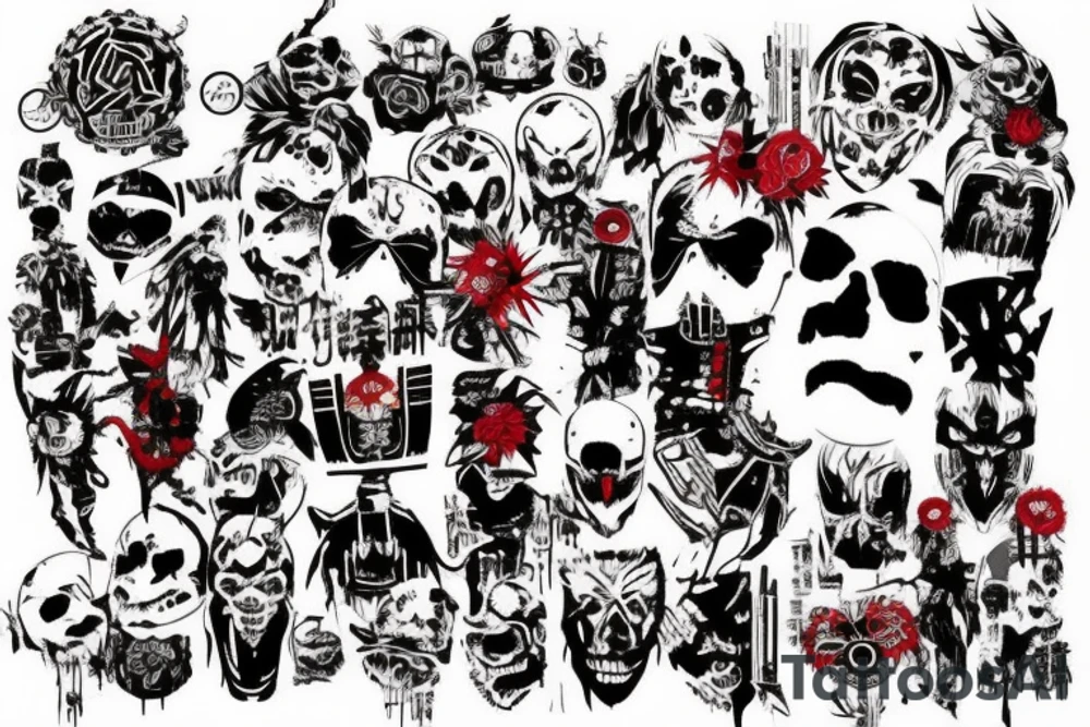on arm, trash polka + japanese, black end red
no skulls tattoo idea