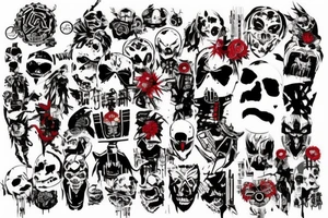 on arm, trash polka + japanese, black end red
no skulls tattoo idea