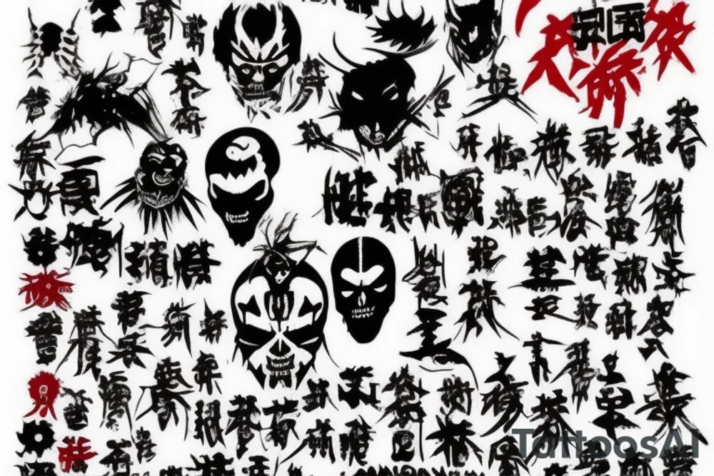 on arm, trash polka + japanese, black end red
no skulls tattoo idea