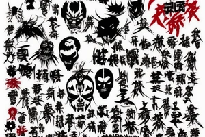on arm, trash polka + japanese, black end red
no skulls tattoo idea