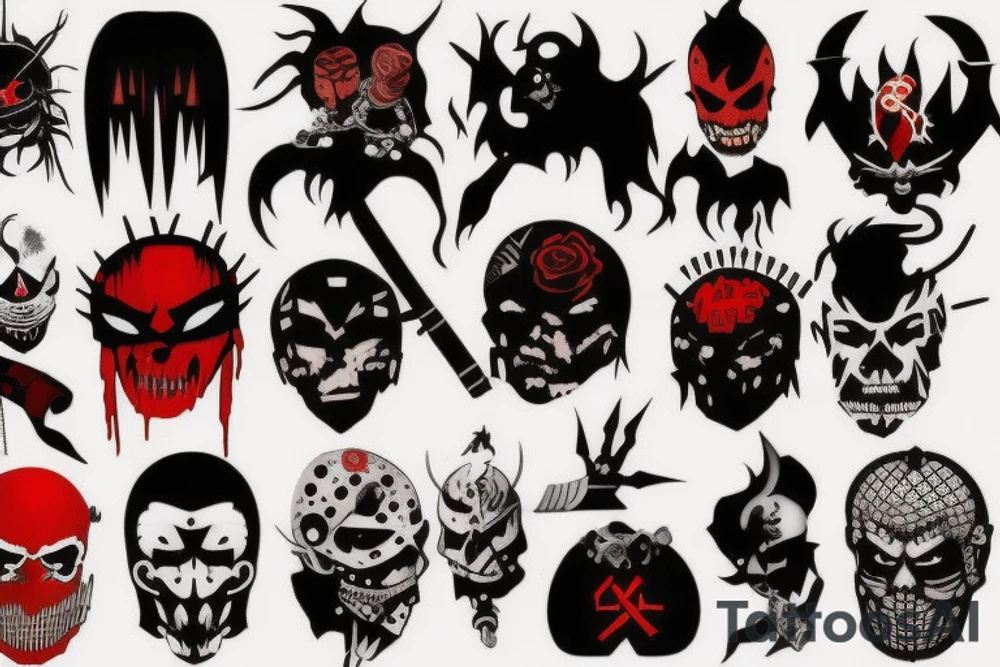 on arm, trash polka + japanese, black end red
no skulls tattoo idea