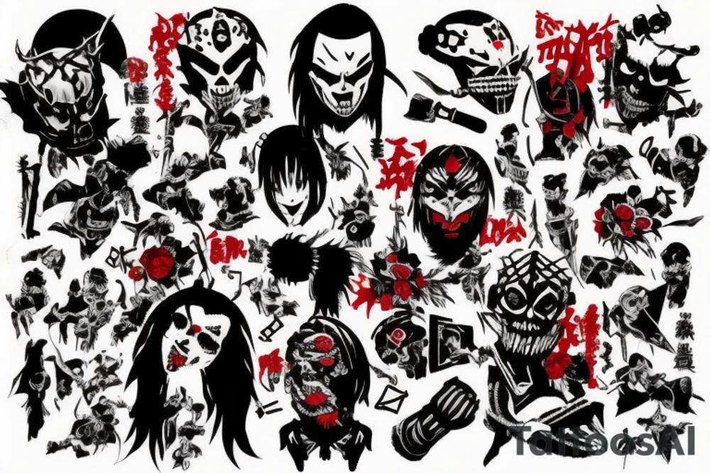 on arm, trash polka + japanese, black end red
no skulls tattoo idea