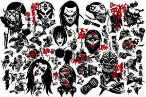 on arm, trash polka + japanese, black end red
no skulls tattoo idea