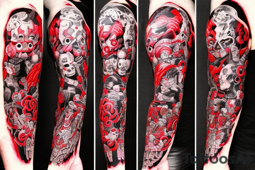 on arm, trash polka + japanese, black end red
no skulls tattoo idea