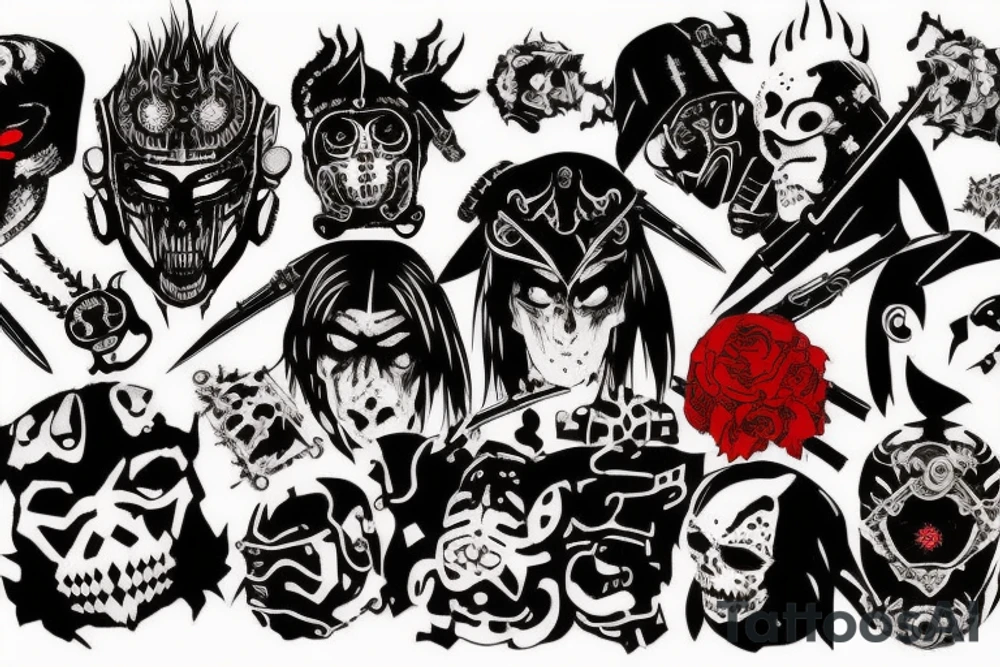 on arm, trash polka + japanese, black end red
no skulls tattoo idea
