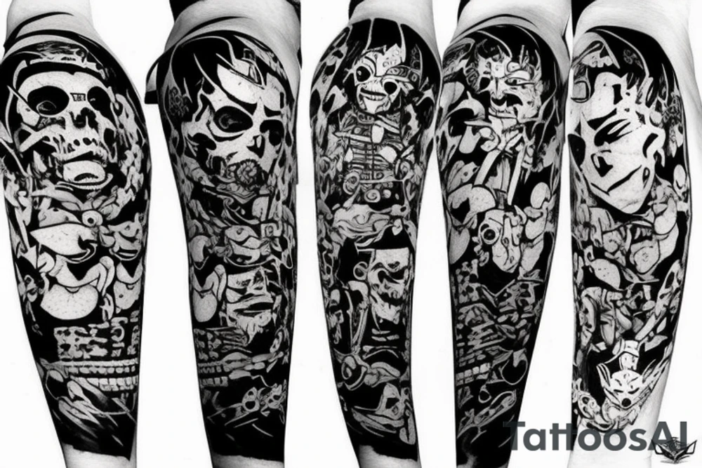 on arm, trash polka + japanese, black end red
no skulls tattoo idea