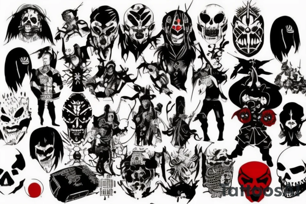 on arm, trash polka + japanese, black end red
no skulls tattoo idea
