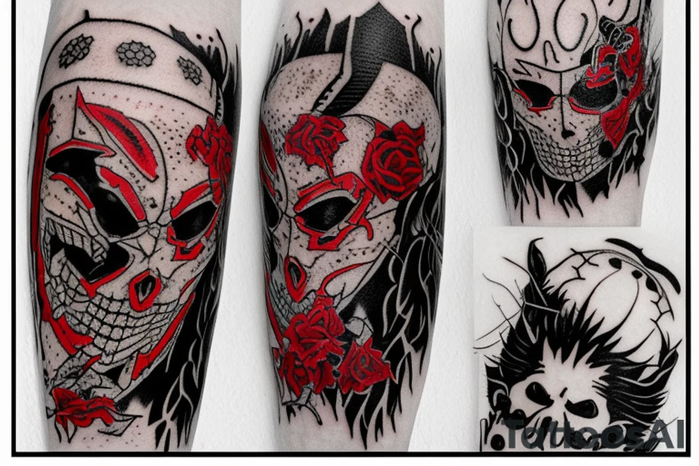 on arm, trash polka + japanese, black end red
no skulls tattoo idea