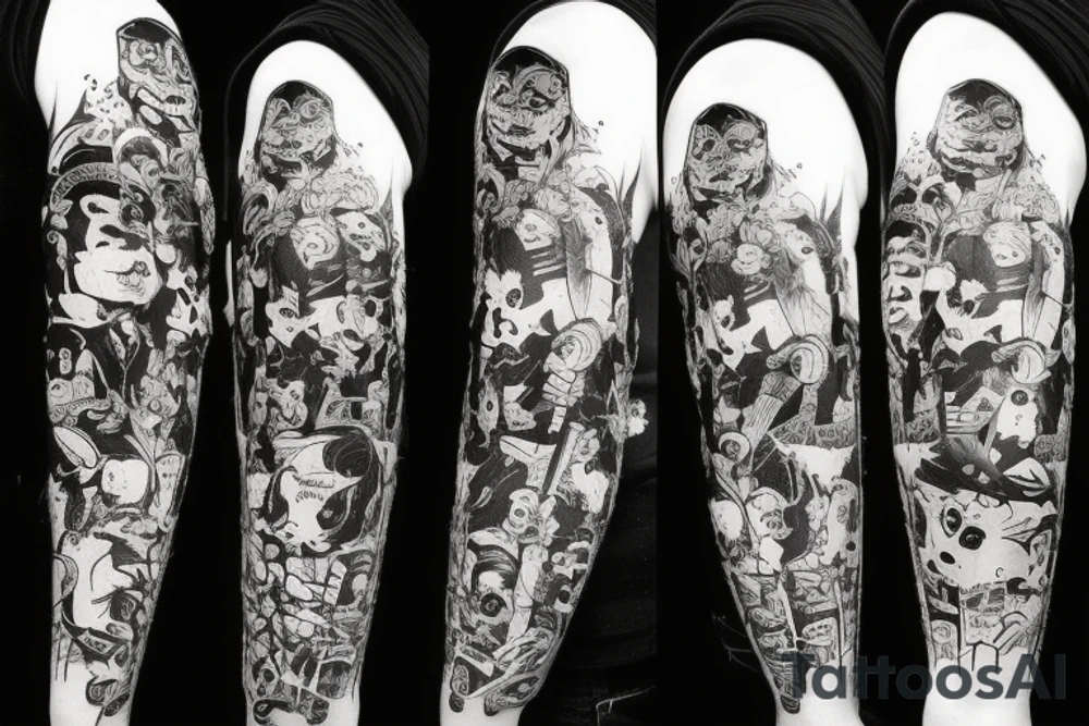 on arm, trash polka + japanese, black end red
no skulls tattoo idea