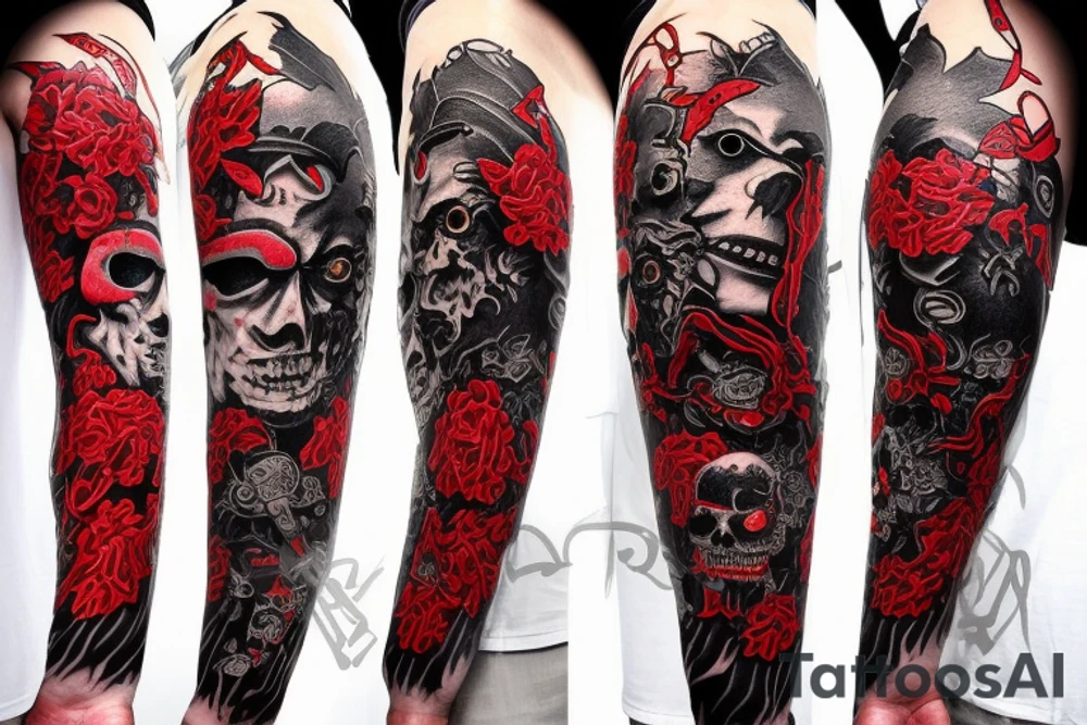 on arm, trash polka + japanese, black end red
no skulls tattoo idea