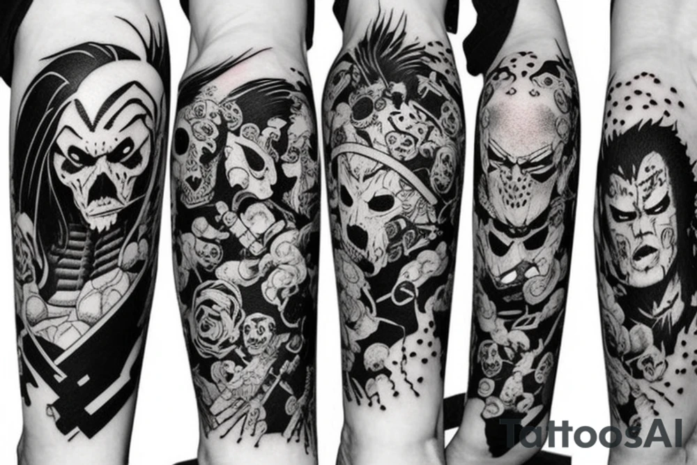 on arm, trash polka + japanese, black end red
no skulls tattoo idea