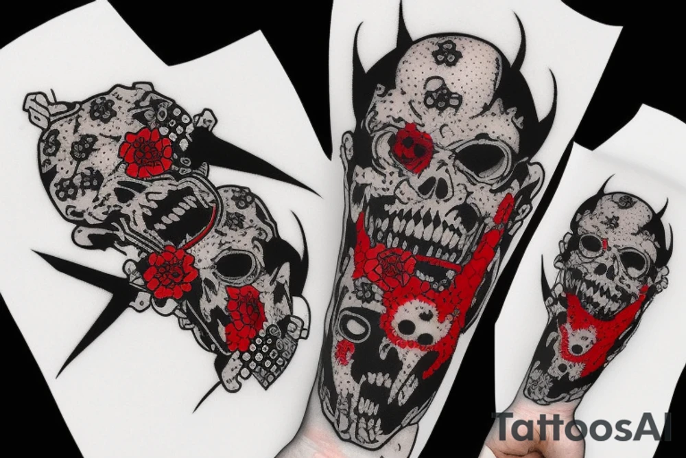 on arm, trash polka + japanese, black end red
no skulls tattoo idea