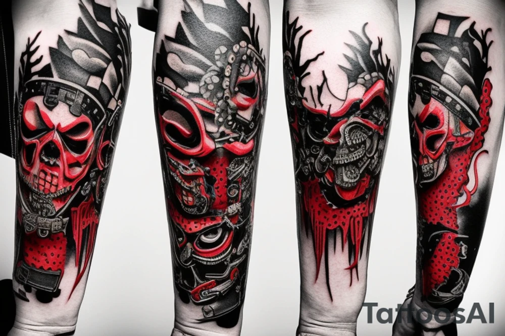 on arm, trash polka + japanese, black end red
no skulls tattoo idea