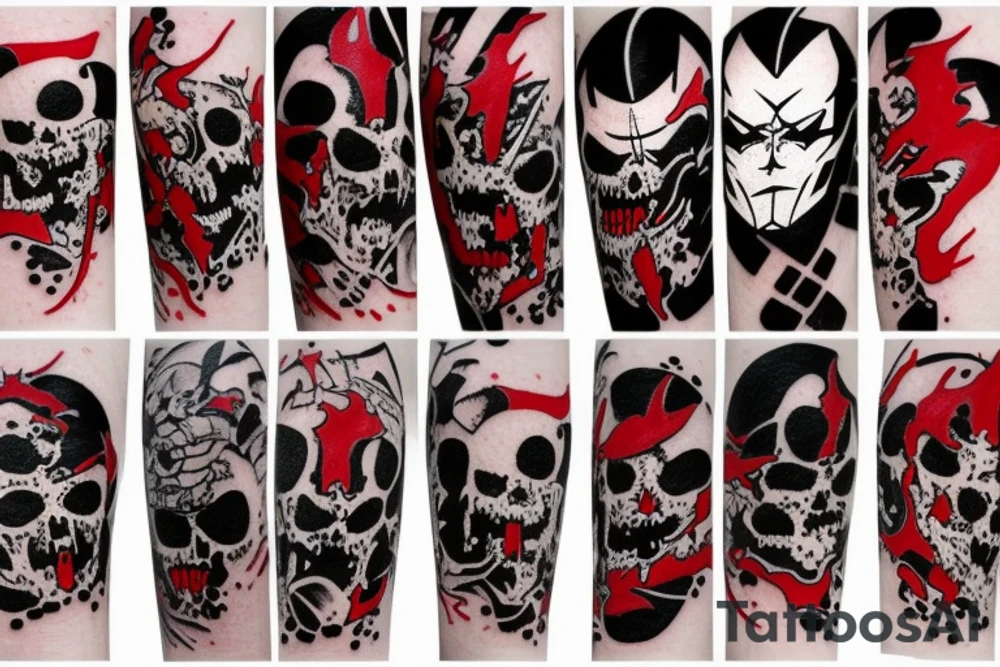 on arm, trash polka + japanese, black end red
no skulls tattoo idea
