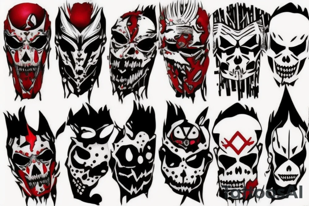 on arm, trash polka + japanese, black end red
no skulls tattoo idea