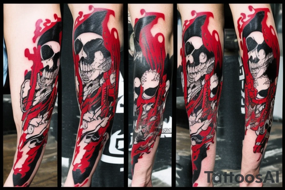 on arm, trash polka + japanese, black end red
no skulls tattoo idea