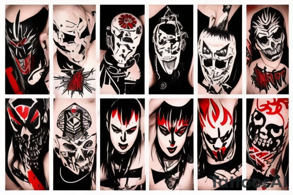 on arm, trash polka + japanese, black end red
no skulls tattoo idea