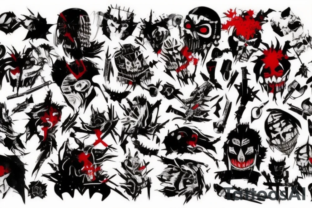 on arm, trash polka + japanese, black end red
no skulls tattoo idea