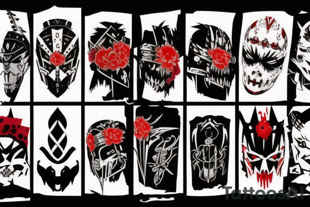 on arm, trash polka + japanese, black end red
no skulls tattoo idea