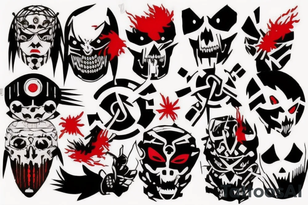 on arm, trash polka + japanese, black end red
no skulls tattoo idea
