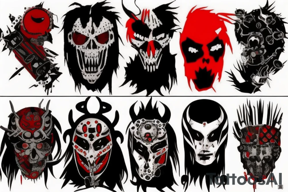 on arm, trash polka + japanese, black end red
no skulls tattoo idea