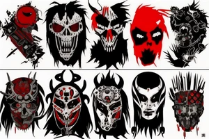 on arm, trash polka + japanese, black end red
no skulls tattoo idea