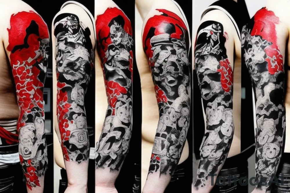 on arm, trash polka + japanese, black end red
no skulls tattoo idea