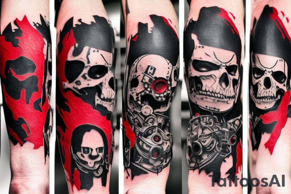 on arm, trash polka, black end red
no skulls tattoo idea