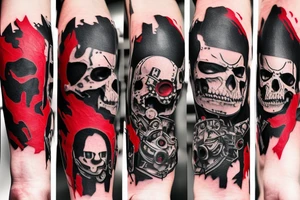 on arm, trash polka, black end red
no skulls tattoo idea