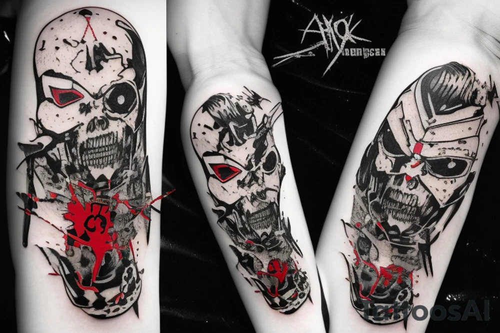 on arm, trash polka, black end red
no skulls tattoo idea