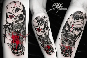 on arm, trash polka, black end red
no skulls tattoo idea