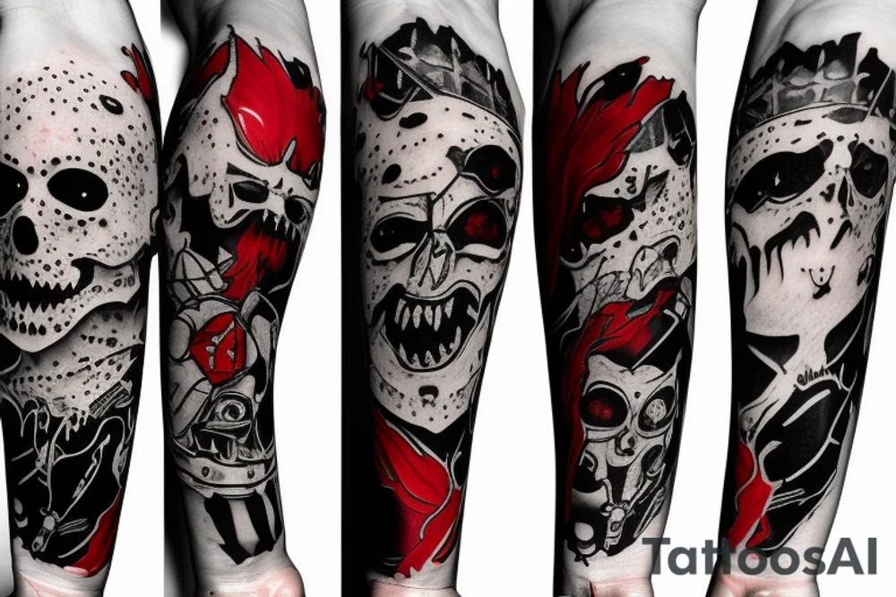 on arm, trash polka, black end red
no skulls tattoo idea