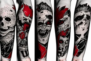 on arm, trash polka, black end red
no skulls tattoo idea