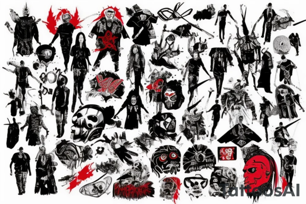on arm, trash polka, black end red
no skulls tattoo idea